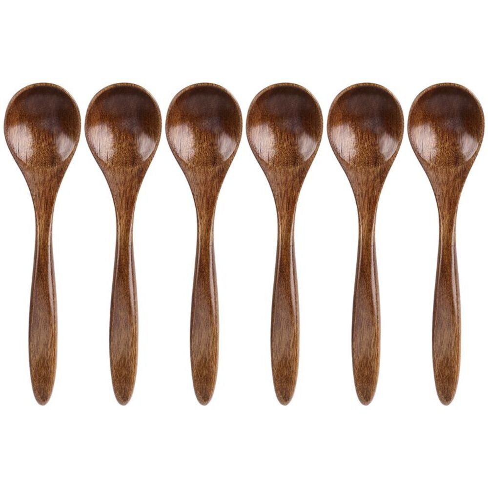 Wooden Spoons 6 Pcs Natural Grain Soup Spoon Oil Salt Sugar 5.5" Brown